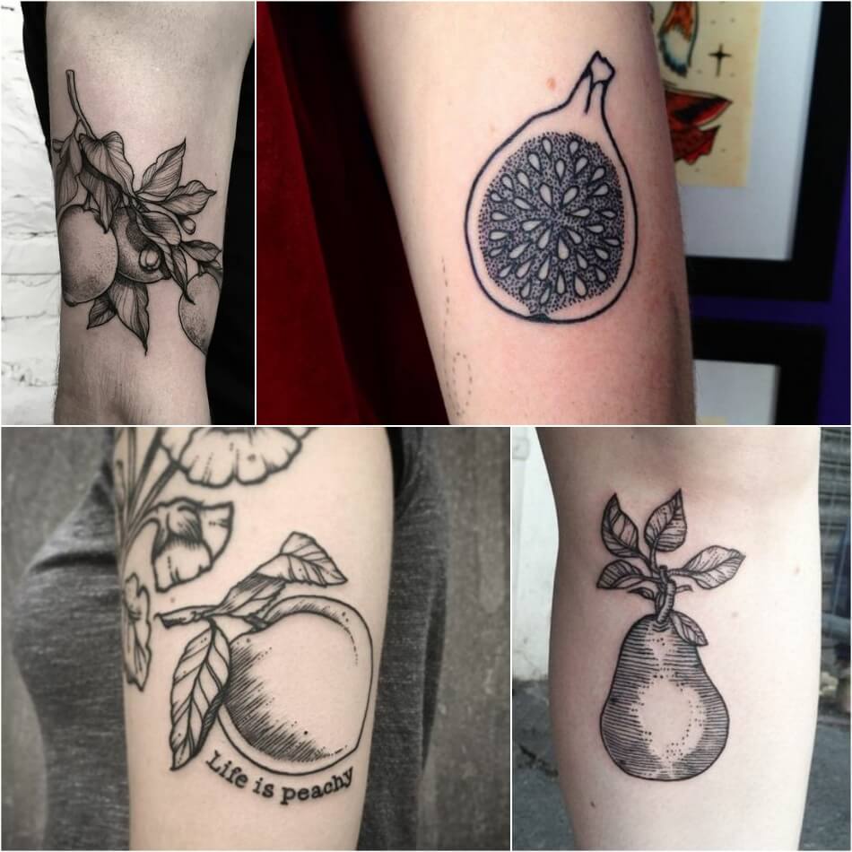 Тату фрукты - Татуировка фрукты - Тату фрукты значение - Черно-белые тату фрукты